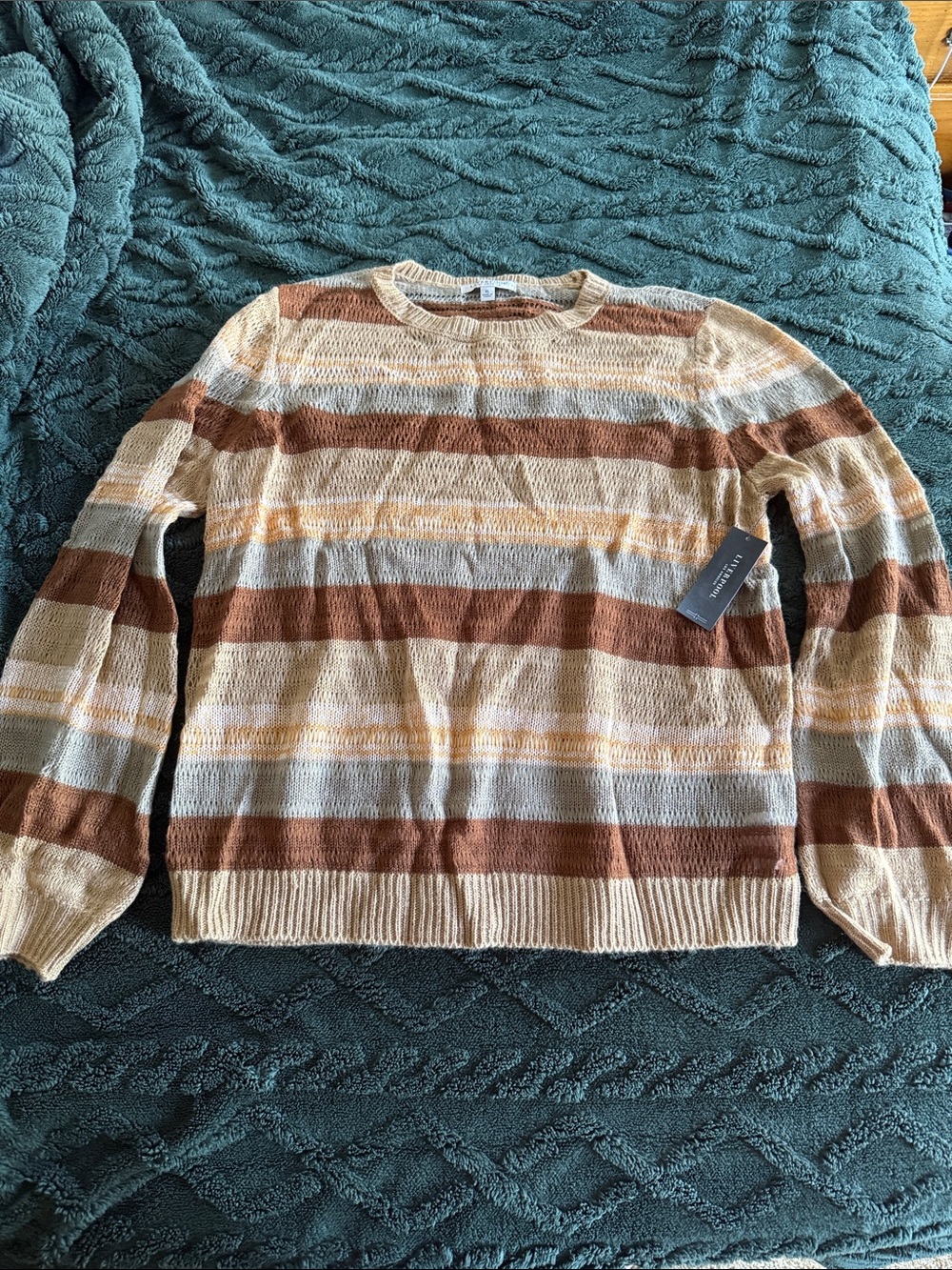 Liverpool Women’s Striped Crewneck Sweater in Brown, tan and Cream